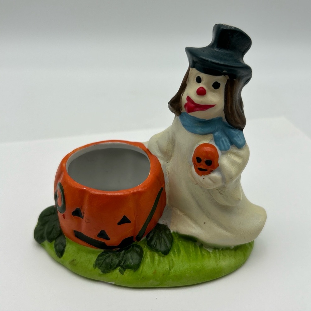Vtg 4x4.5” Ceramic Halloween Ghost And Pumpkin Tea Light Holder